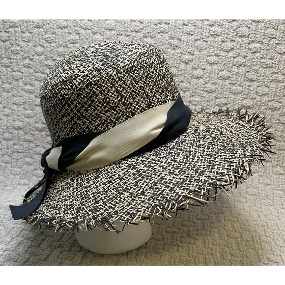 Brenda Lynn Black Beige Wide Brim Straw Hat OS Ribbon Trim Fringe main image 5